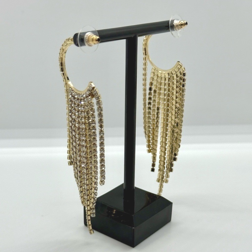 Daisy Fuentes Gold Tone Rhinestone‎ Fringe Hoop Earrings Statement Crystal Drop - Picture 4 of 4